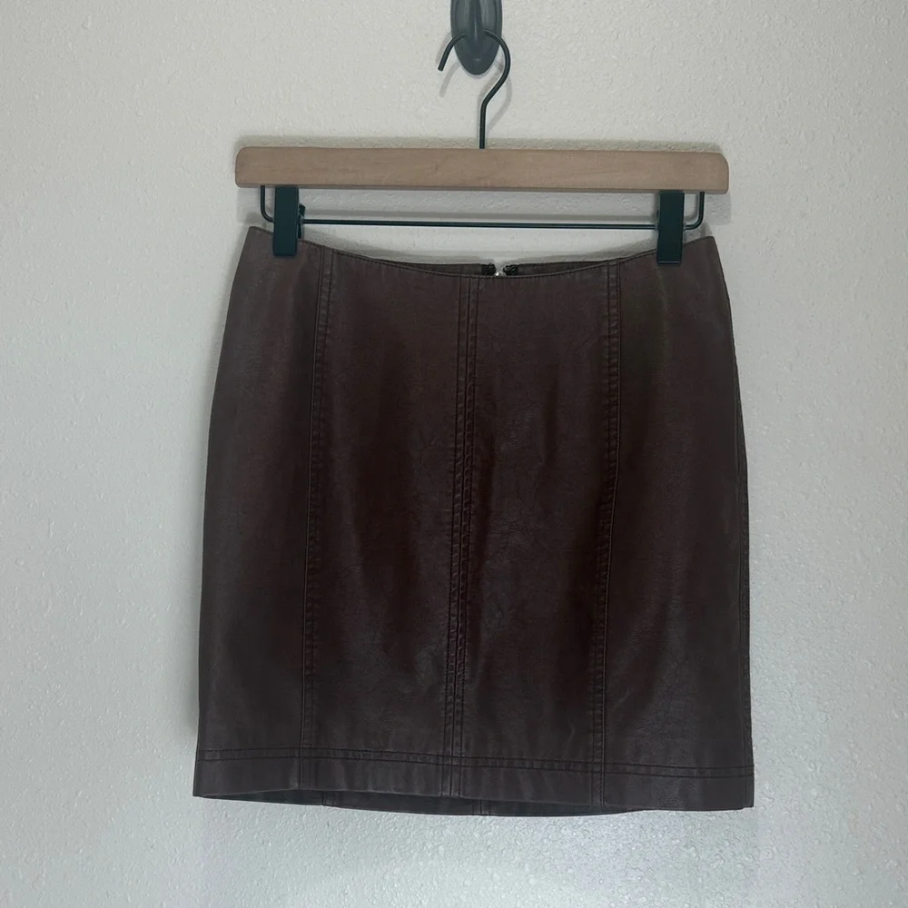 Free People Elegant Brown Faux Leather Skirt, Size 4